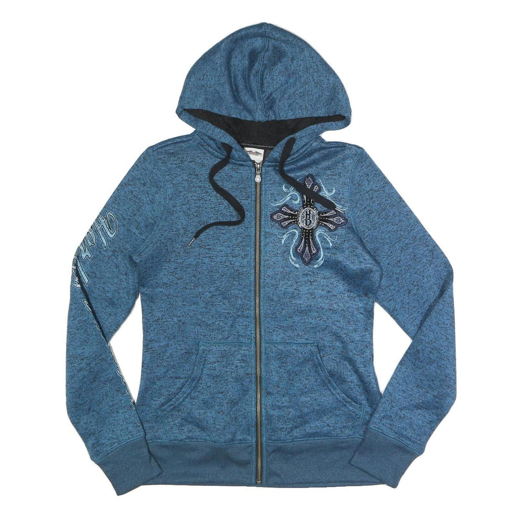 HARLEY DAVIDSON Womens Blue Zip Up Hoodie Jacket M Polyester Cross Graphic