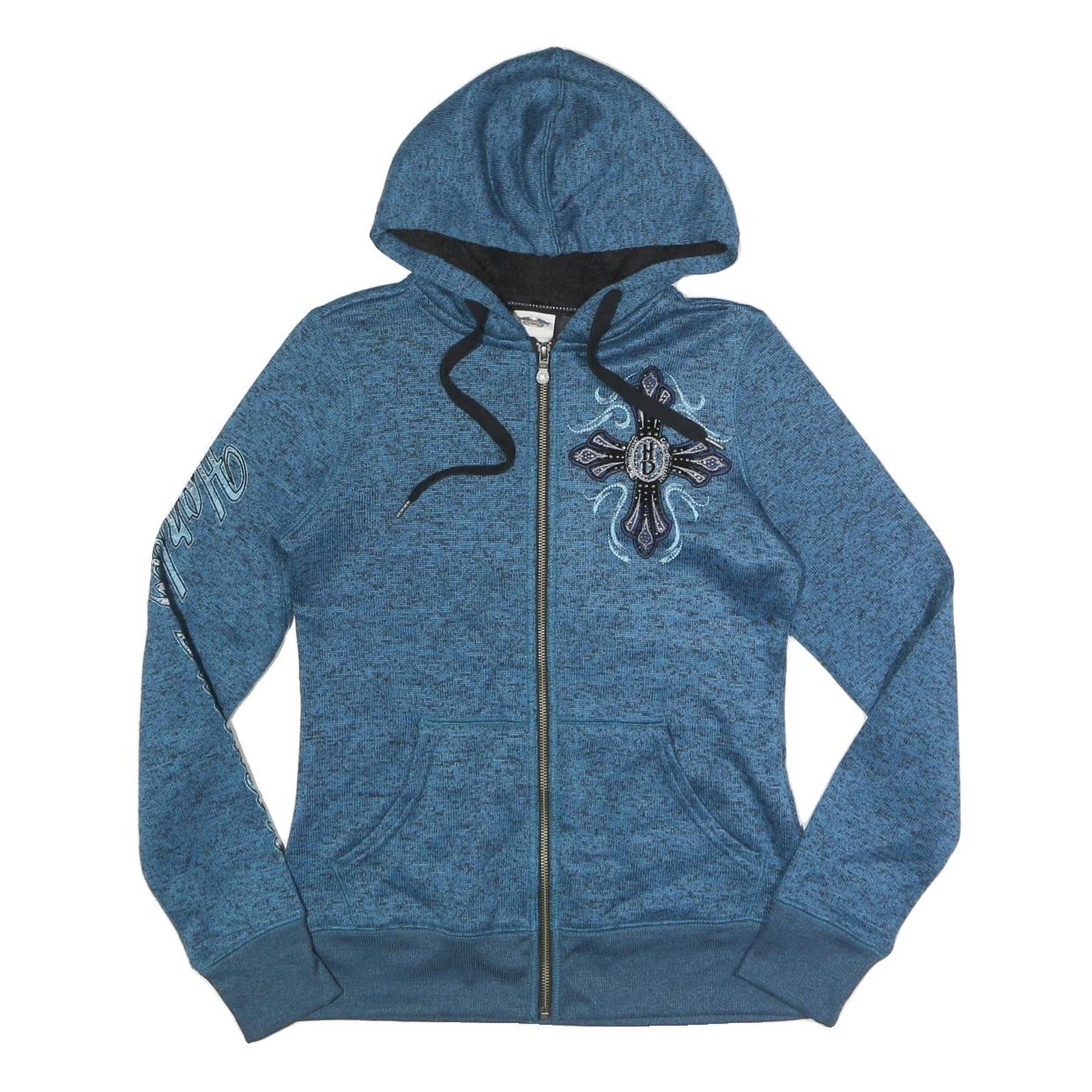 HARLEY DAVIDSON Womens Blue Zip Up Hoodie Jacket M Polyester Cross Graphic