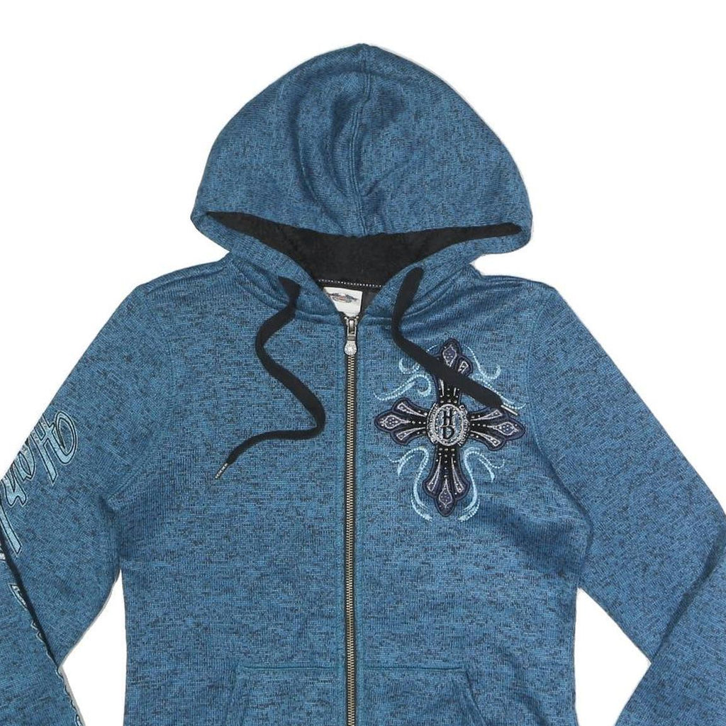 HARLEY DAVIDSON Womens Blue Zip Up Hoodie Jacket M Polyester Cross Graphic