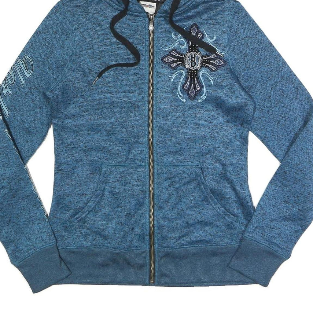 HARLEY DAVIDSON Womens Blue Zip Up Hoodie Jacket M Polyester Cross Graphic