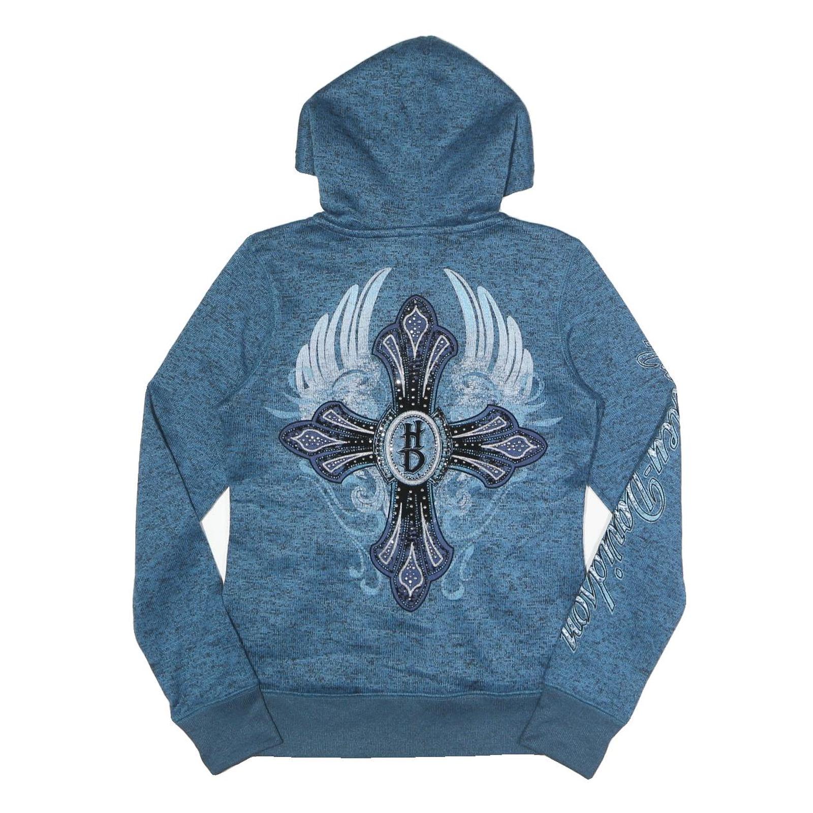 HARLEY DAVIDSON Womens Blue Zip Up Hoodie Jacket M Polyester Cross Graphic