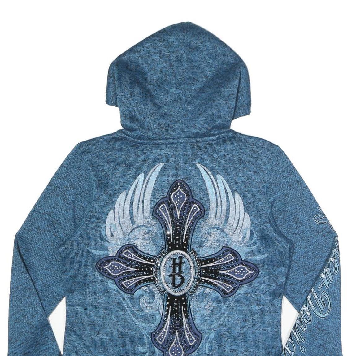 HARLEY DAVIDSON Womens Blue Zip Up Hoodie Jacket M Polyester Cross Graphic