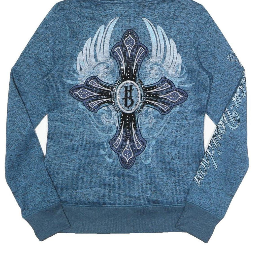 HARLEY DAVIDSON Womens Blue Zip Up Hoodie Jacket M Polyester Cross Graphic