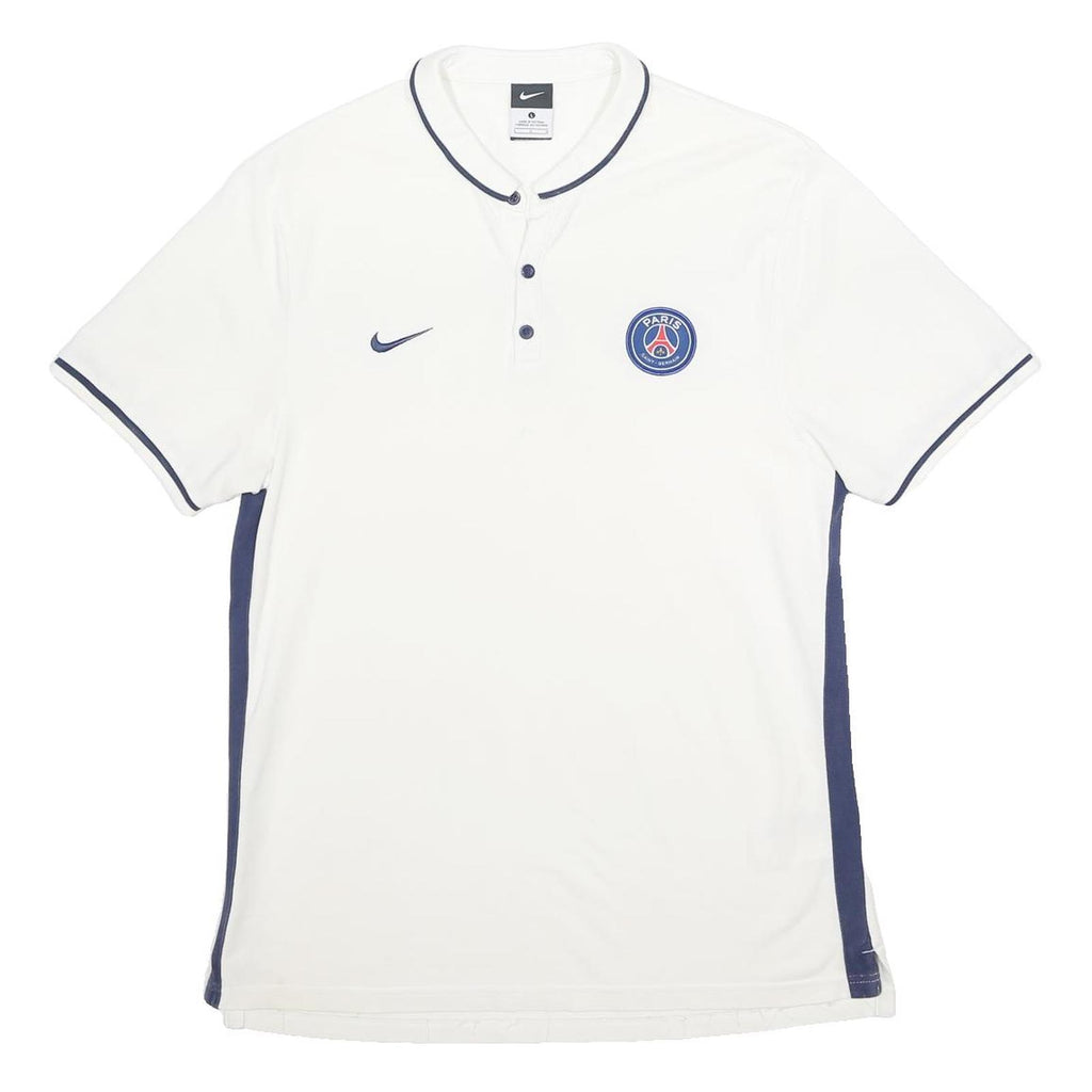 NIKE Mens White & Navy Paris Saint-Germain Short Sleeve Polo Shirt L Cotton