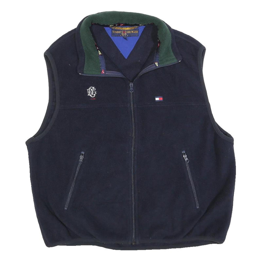 TOMMY HILFIGER Mens Navy Green Logo Zip Jacket L Polyester Fleece Casual