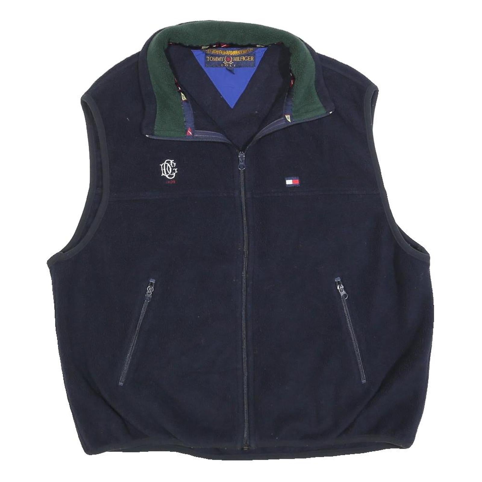 TOMMY HILFIGER Mens Navy Green Logo Zip Jacket L Polyester Fleece Casual