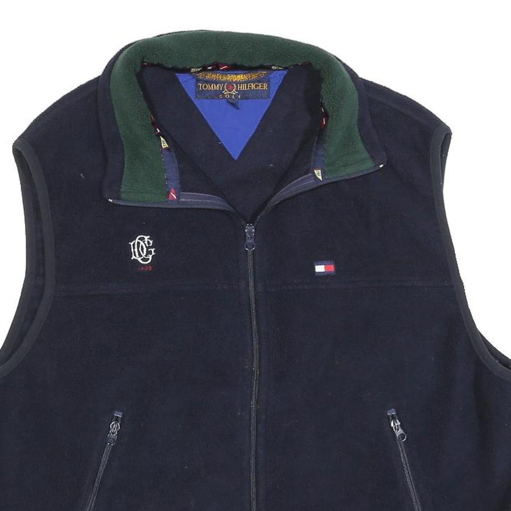 TOMMY HILFIGER Mens Navy Green Logo Zip Jacket L Polyester Fleece Casual