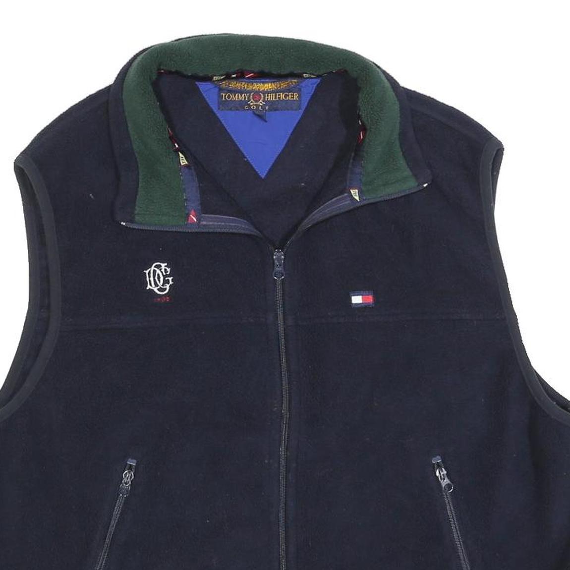 TOMMY HILFIGER Mens Navy Green Logo Zip Jacket L Polyester Fleece Casual