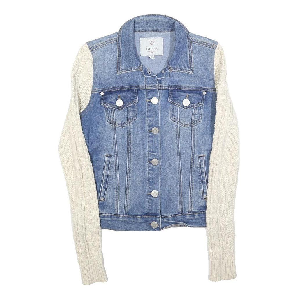 GUESS Womens Blue & Cream Denim Jacket S Cotton Cable Knit Sleeves Button