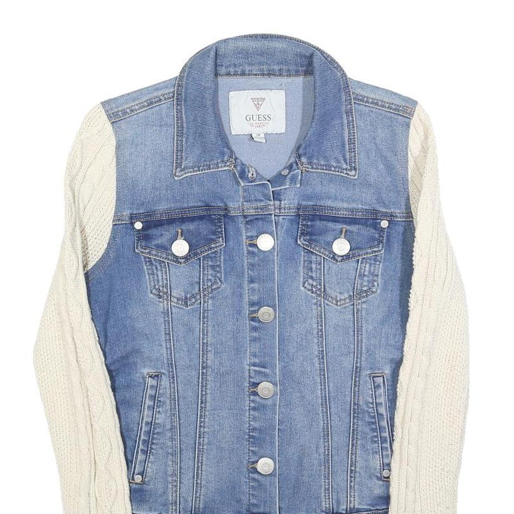 GUESS Womens Blue & Cream Denim Jacket S Cotton Cable Knit Sleeves Button