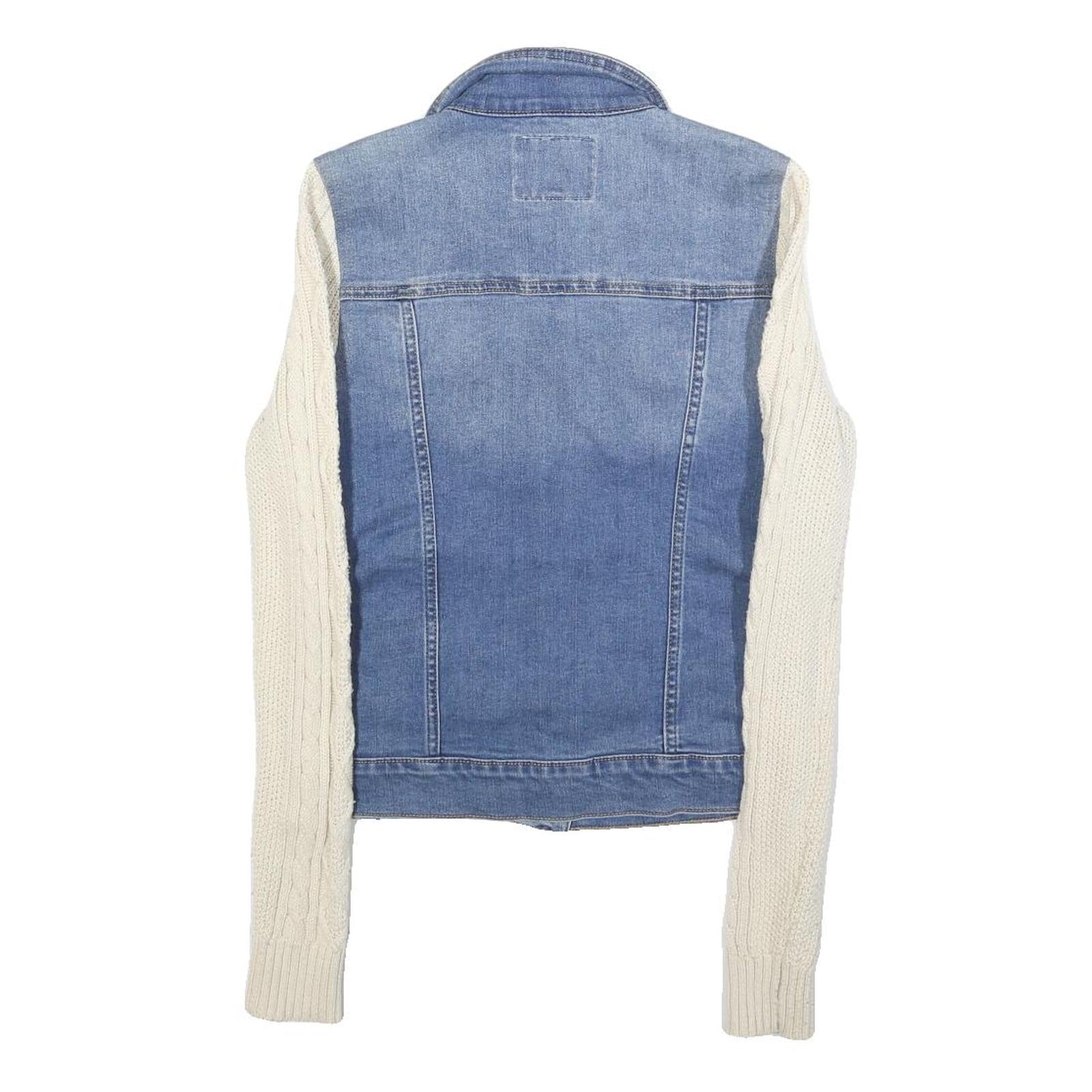 GUESS Womens Blue & Cream Denim Jacket S Cotton Cable Knit Sleeves Button