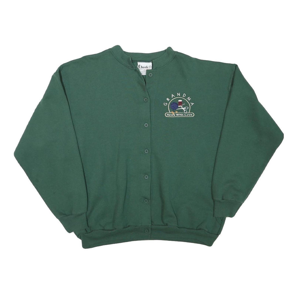 CHEEKO Womens Green Button Up Plain Crew Neck Basic Knit L Jumper Embroidered