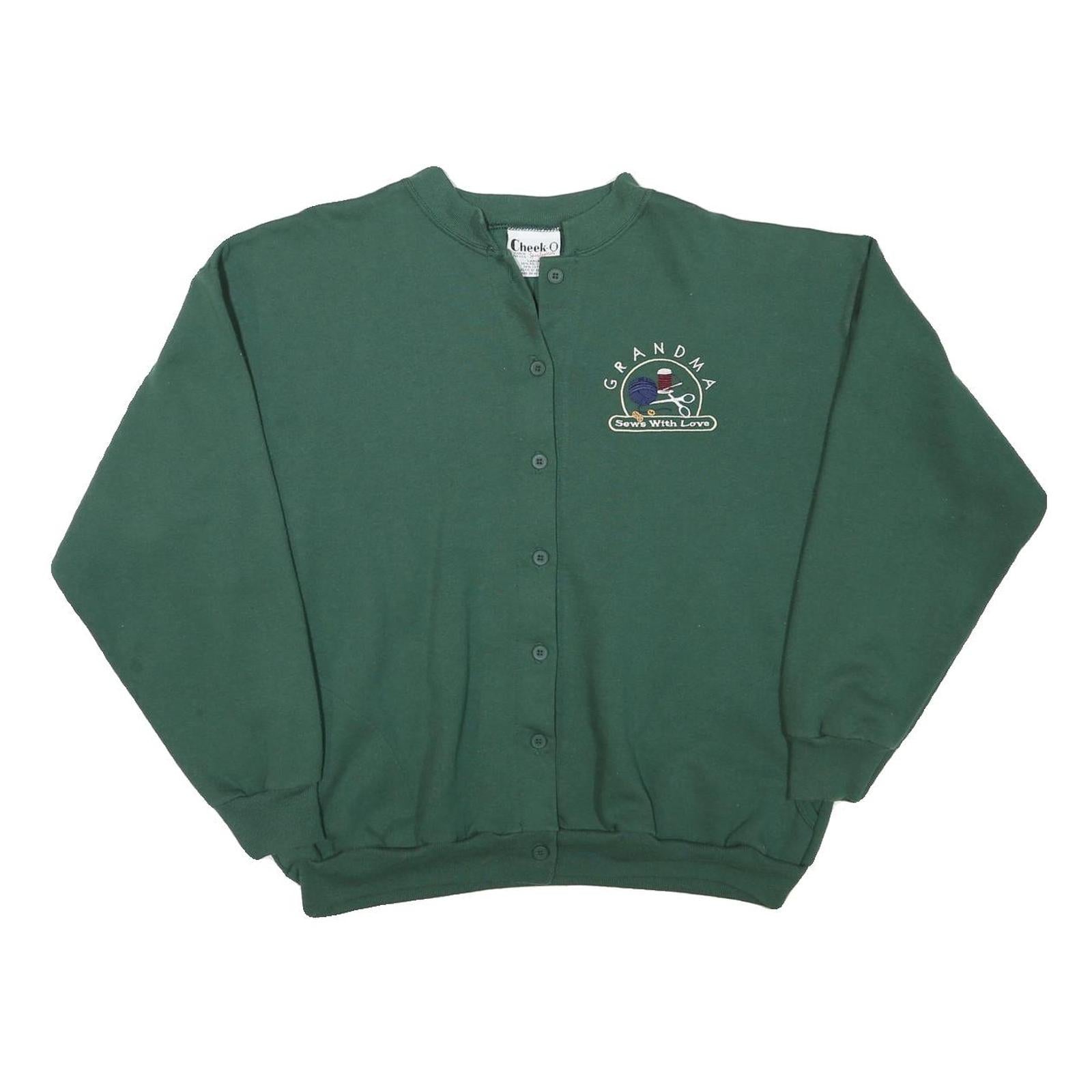 CHEEKO Womens Green Button Up Plain Crew Neck Basic Knit L Jumper Embroidered