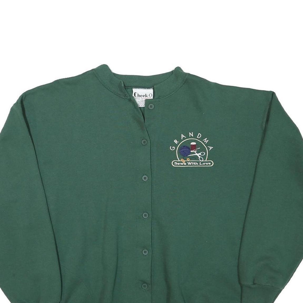 CHEEKO Womens Green Button Up Plain Crew Neck Basic Knit L Jumper Embroidered