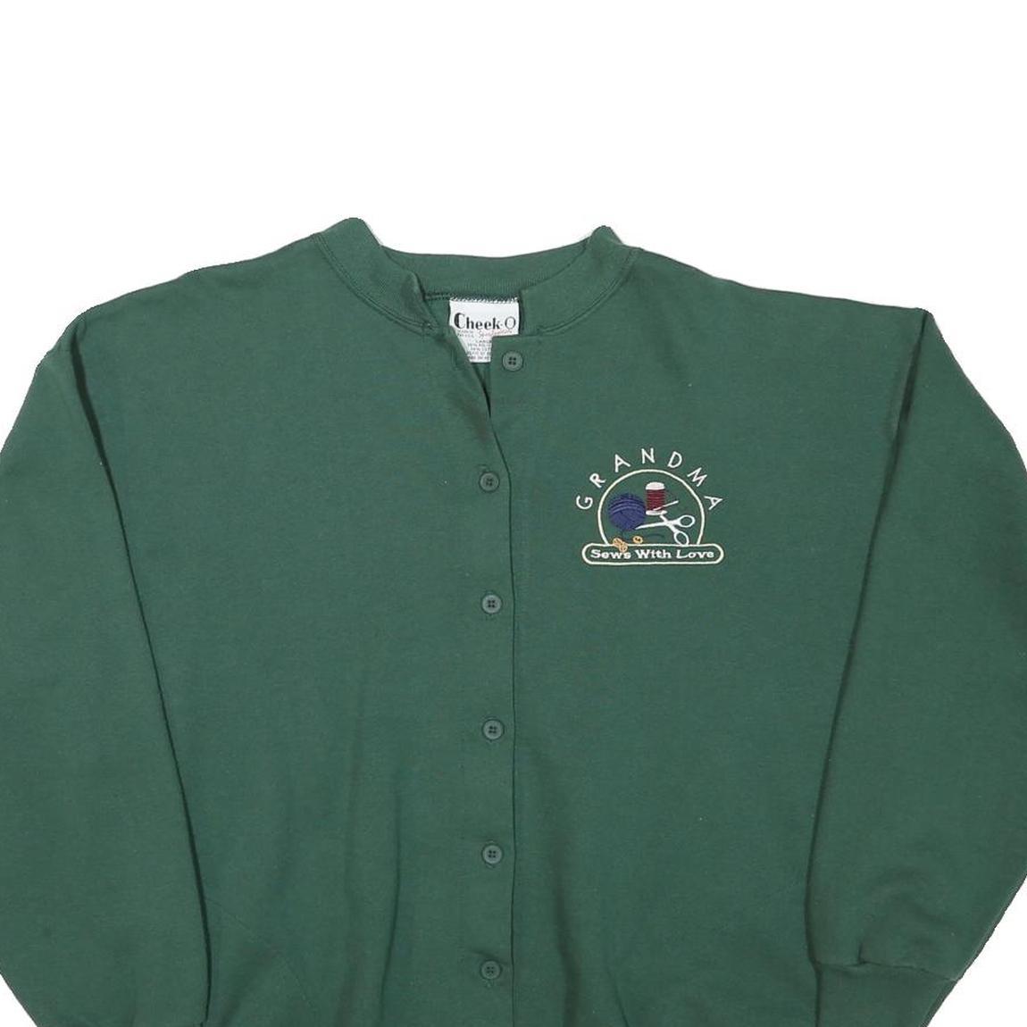 CHEEKO Womens Green Button Up Plain Crew Neck Basic Knit L Jumper Embroidered