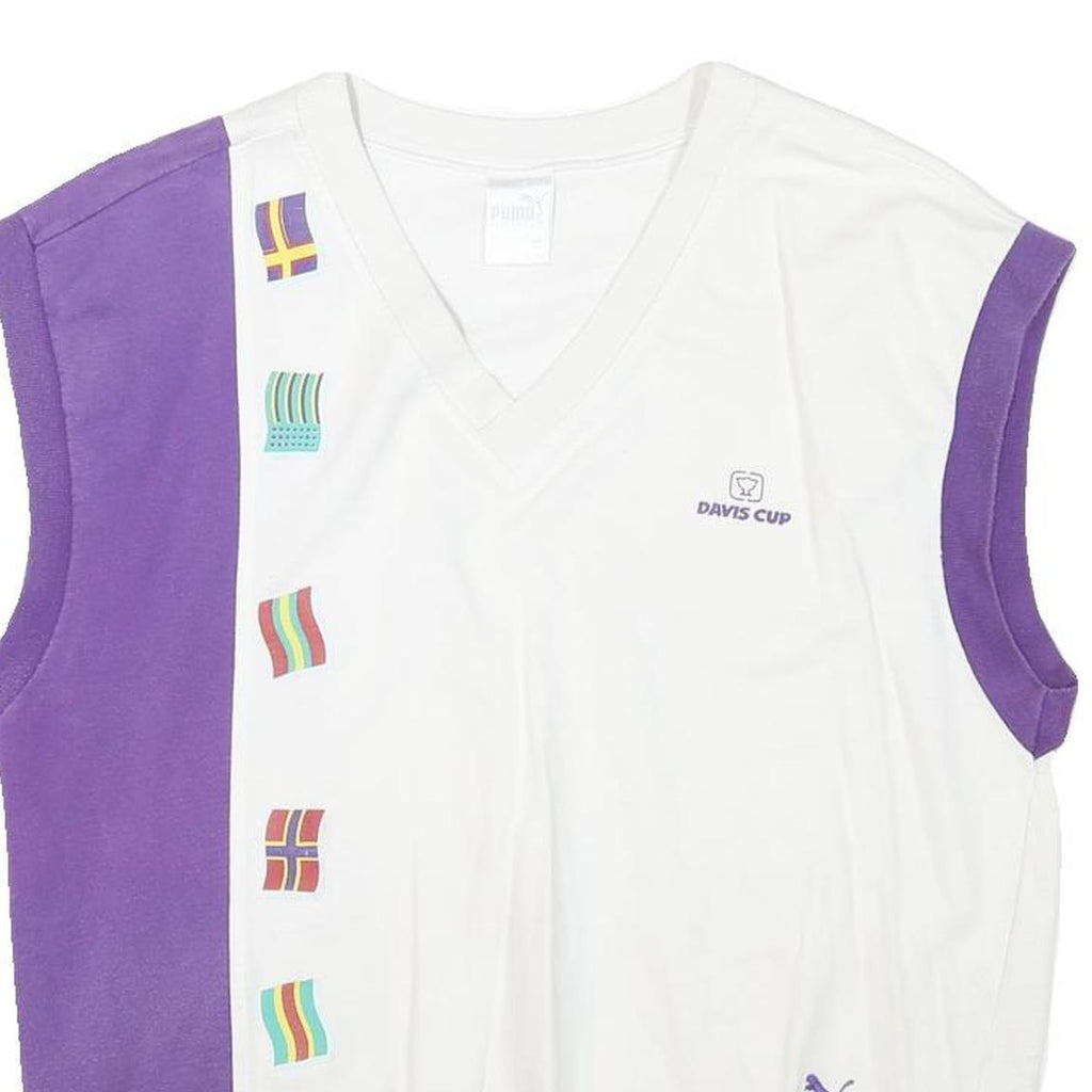 PUMA Mens White & Purple Davis Cup Sleeveless Sweatshirt M Cotton Blend V-Neck