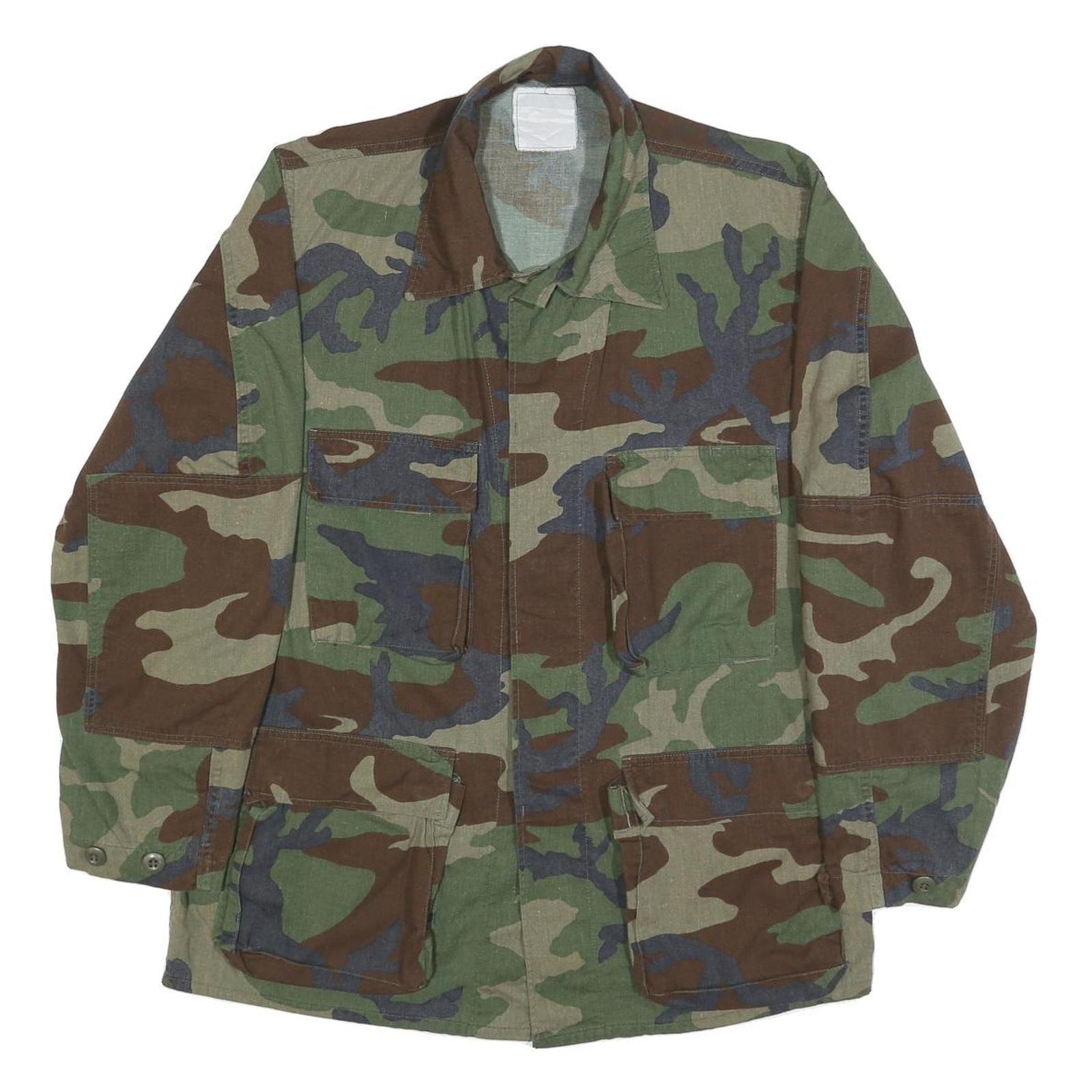 Mens Green Brown Camouflage Cotton Blend Button Jacket S Military Style Pocketed