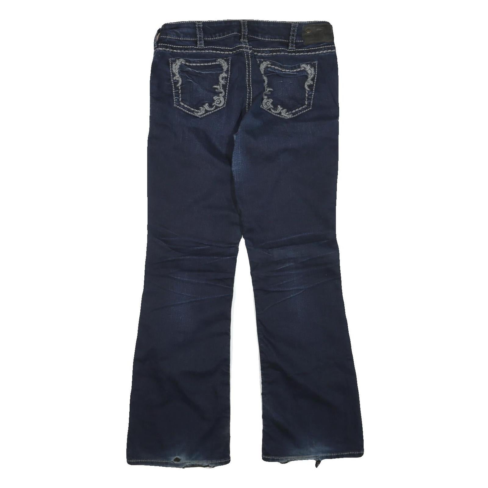 SILVER Womens Regular Fit Dark Blue Denim Straight Jeans W34 L32 Embroidered