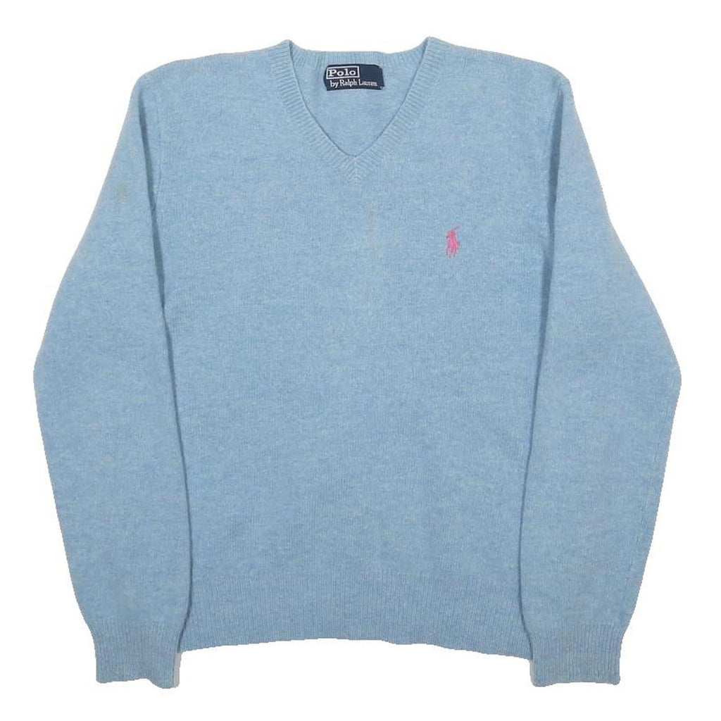 POLO RALPH LAUREN Womens Blue Plain V-Neck Basic Knit Jumper S Wool Soft