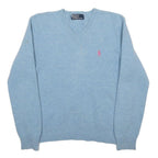 POLO RALPH LAUREN Womens Blue Plain V-Neck Basic Knit Jumper S Wool Soft