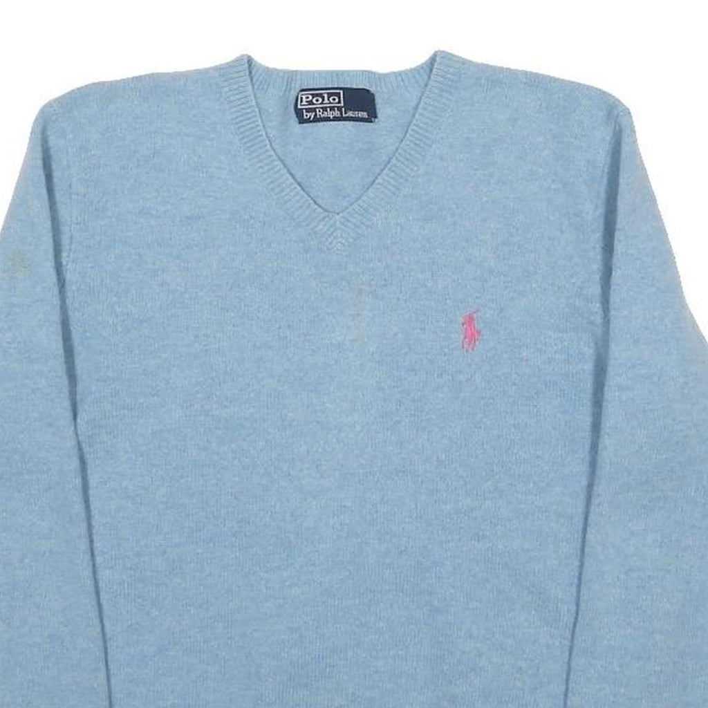 POLO RALPH LAUREN Womens Blue Plain V-Neck Basic Knit Jumper S Wool Soft