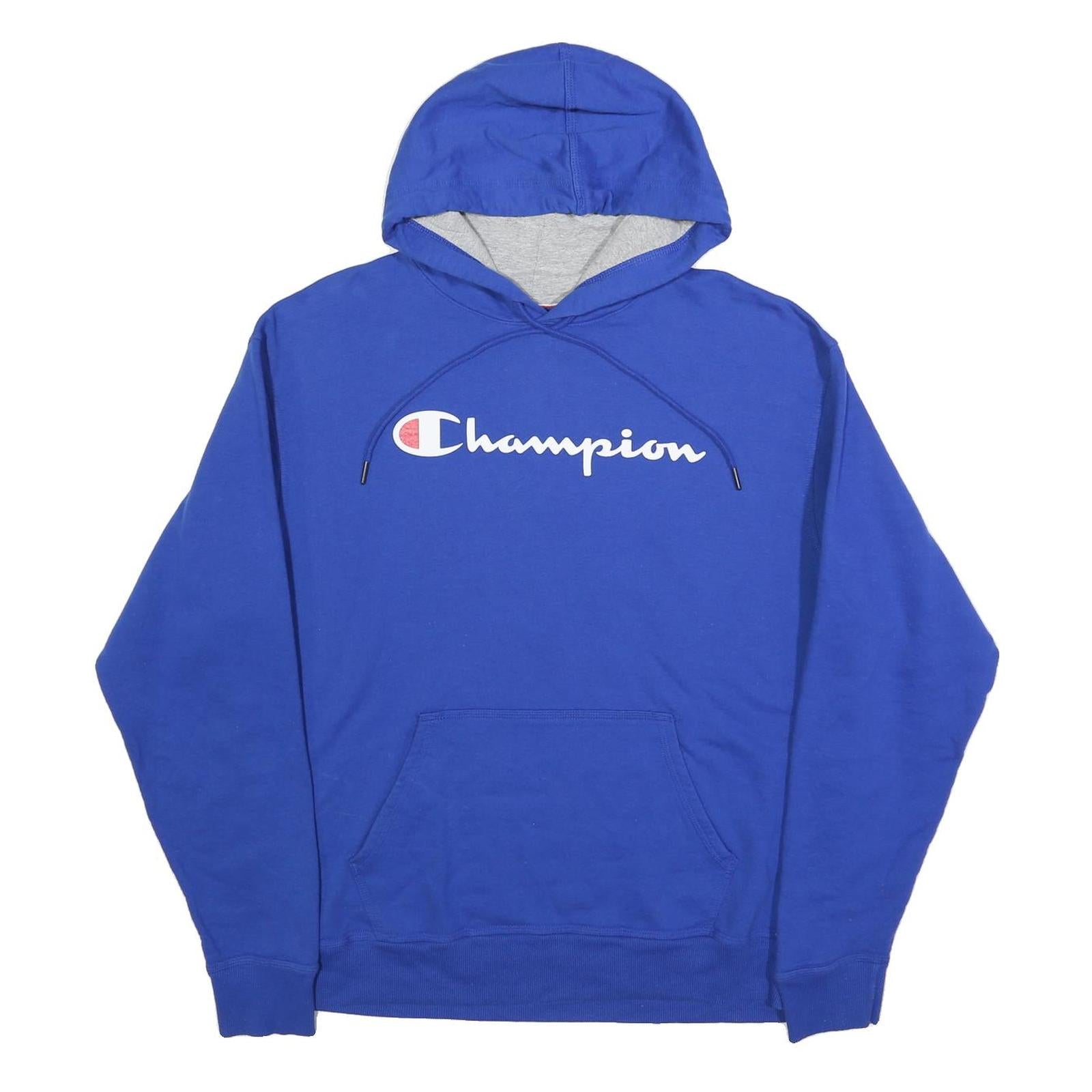 CHAMPION Mens Blue Hoodie L Cotton Blend Pullover Logo Sweatshirt Casual