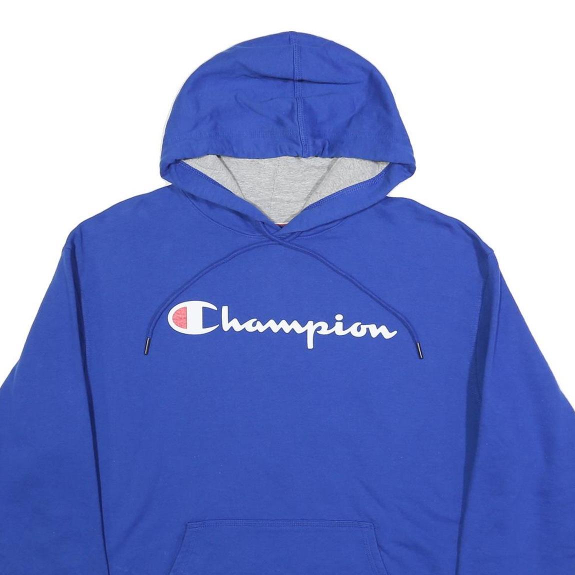 CHAMPION Mens Blue Hoodie L Cotton Blend Pullover Logo Sweatshirt Casual