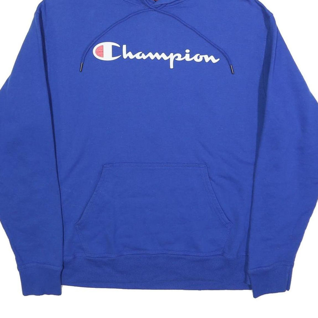 CHAMPION Mens Blue Hoodie L Cotton Blend Pullover Logo Sweatshirt Casual