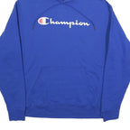 CHAMPION Mens Blue Hoodie L Cotton Blend Pullover Logo Sweatshirt Casual
