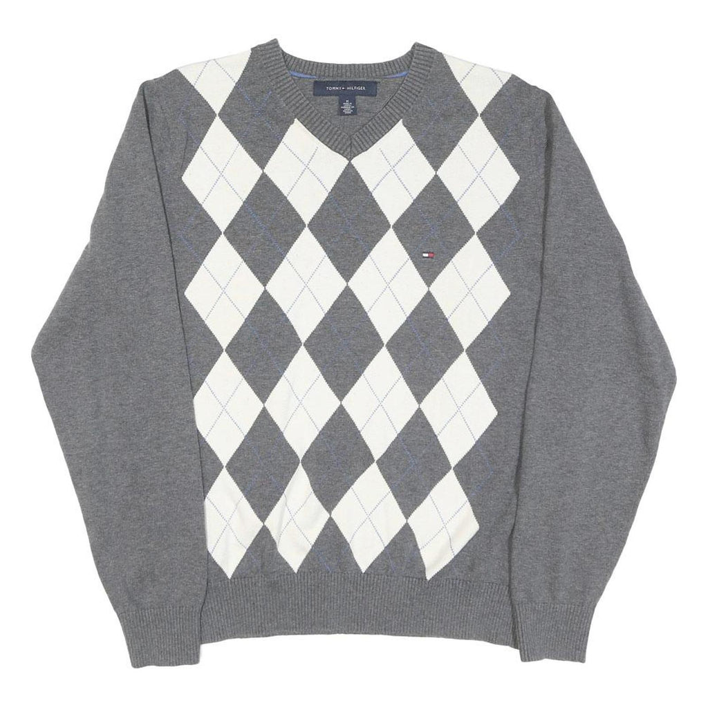 TOMMY HILFIGER Womens Grey & White Argyle Pattern Jumper V-Neck Cable Knit M