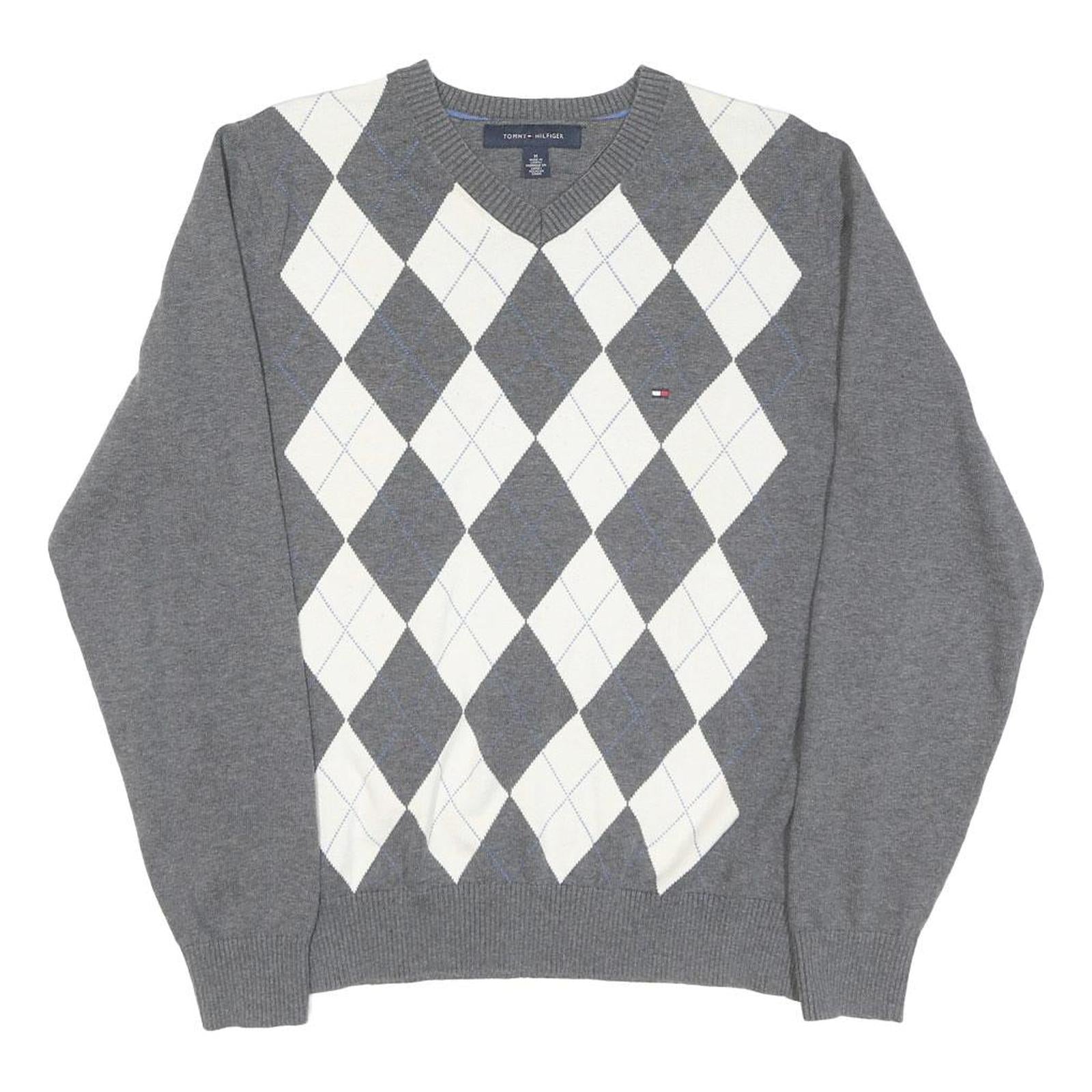TOMMY HILFIGER Womens Grey & White Argyle Pattern Jumper V-Neck Cable Knit M