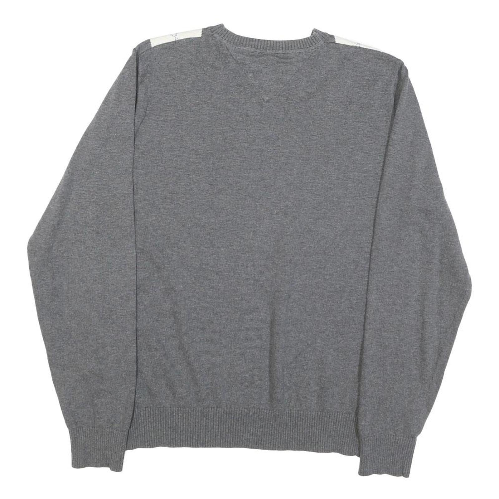 TOMMY HILFIGER Womens Grey & White Argyle Pattern Jumper V-Neck Cable Knit M