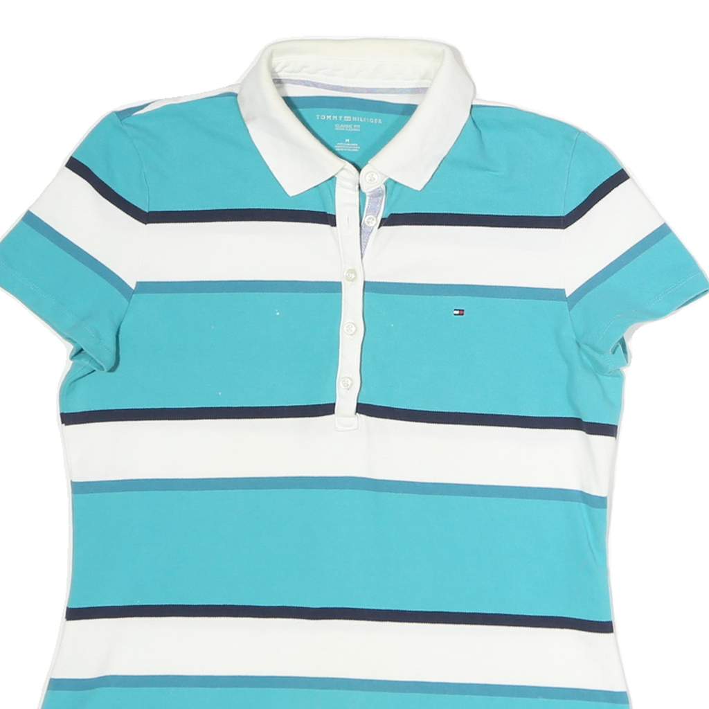 TOMMY HILFIGER Womens Blue & White Striped Short Sleeve Polo Shirt M Classic