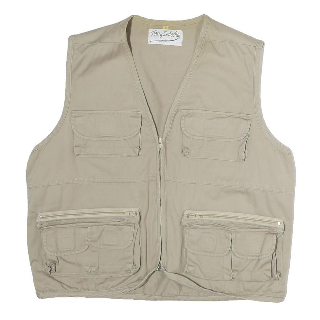 HARRY SEDOCHA Mens Beige Cotton Zip Jacket L Casual Utility Vest Pockets