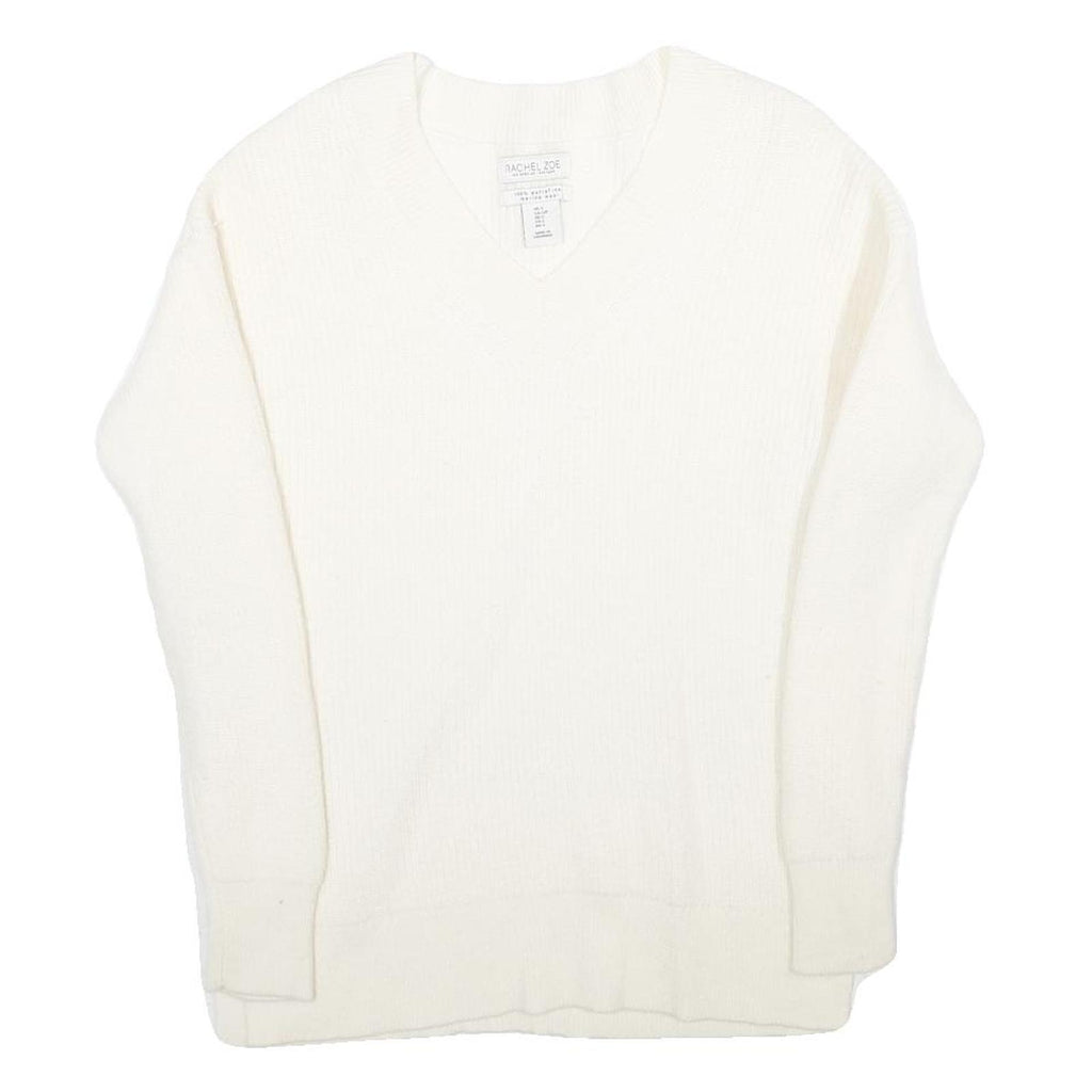 RACHEL ZOE Womens White Plain Wool V-Neck Jumper S Lightweight Knitwear