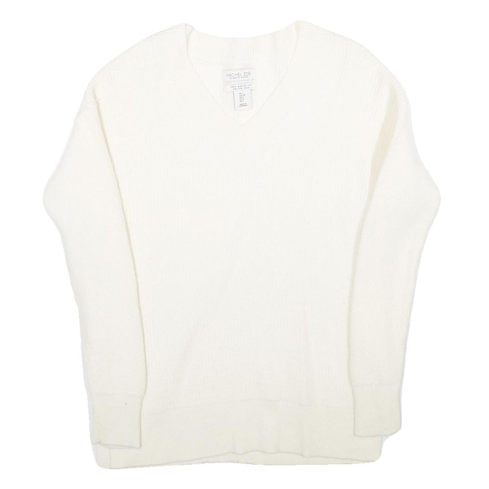 RACHEL ZOE Womens White Plain Wool V-Neck Jumper S Lightweight Knitwear
