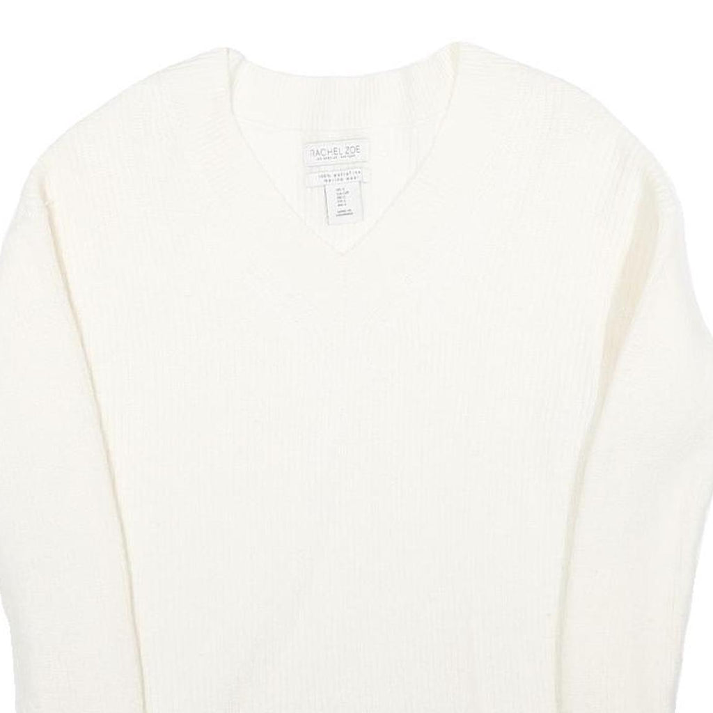 RACHEL ZOE Womens White Plain Wool V-Neck Jumper S Lightweight Knitwear