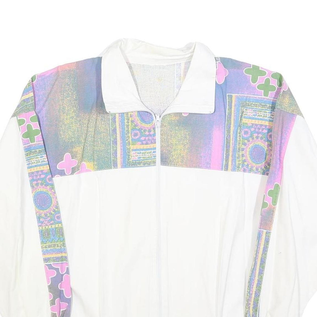 Womens White & Multi Colour Cotton Blend Zip Jacket M Abstract Print Casual