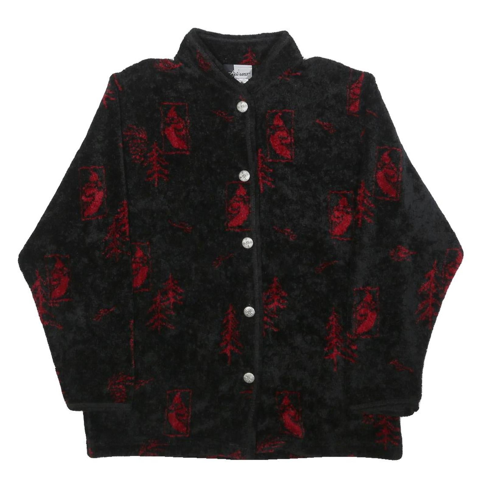 ARTISANS Womens Black Red Button Jacket L Polyester Blend Fleece Graphic