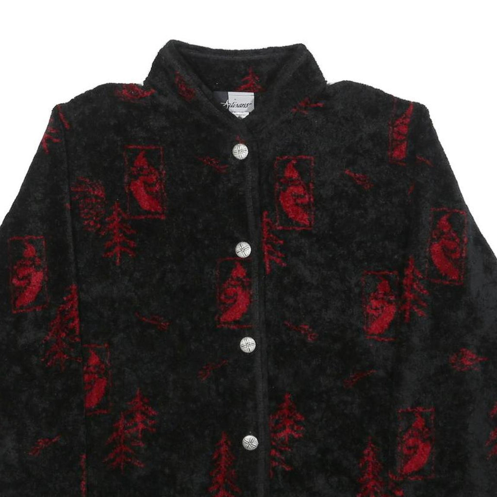 ARTISANS Womens Black Red Button Jacket L Polyester Blend Fleece Graphic