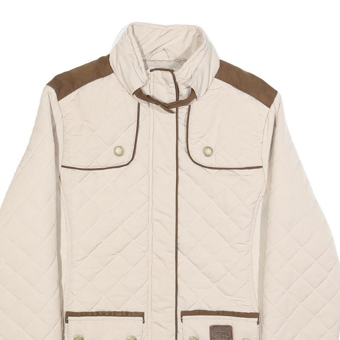 DIESEL Womens Cream & Brown Quilted Jacket XS Polyester Blend Zip Puffer