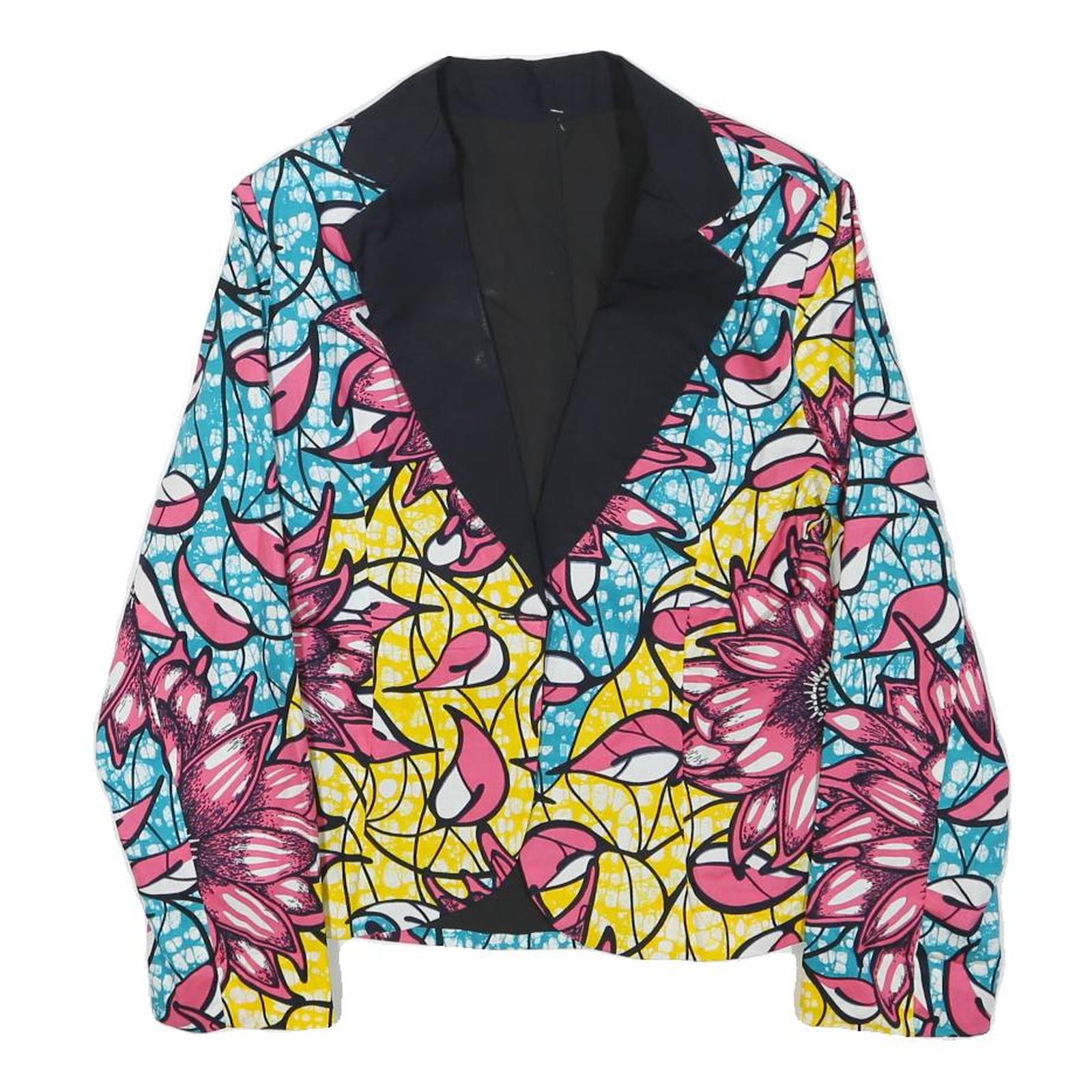 Womens Blue & Pink Floral Cotton Blend Button Jacket XS Printed Bright Casual