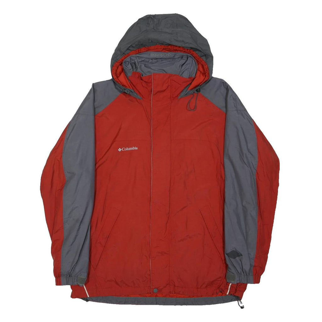 COLUMBIA Mens Red & Grey Outdoor Jacket L Polyester Blend Zip Hooded Casual