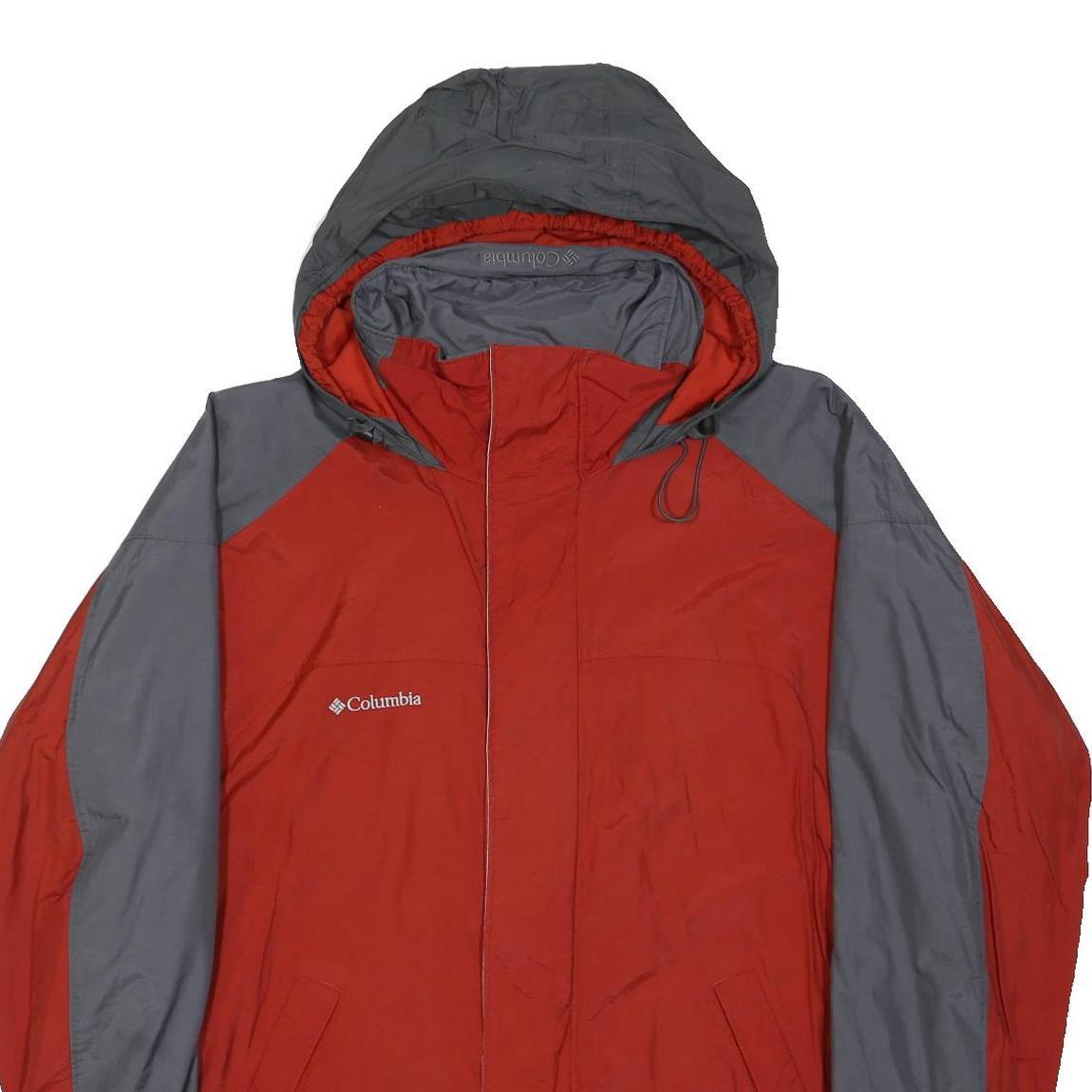 COLUMBIA Mens Red & Grey Outdoor Jacket L Polyester Blend Zip Hooded Casual