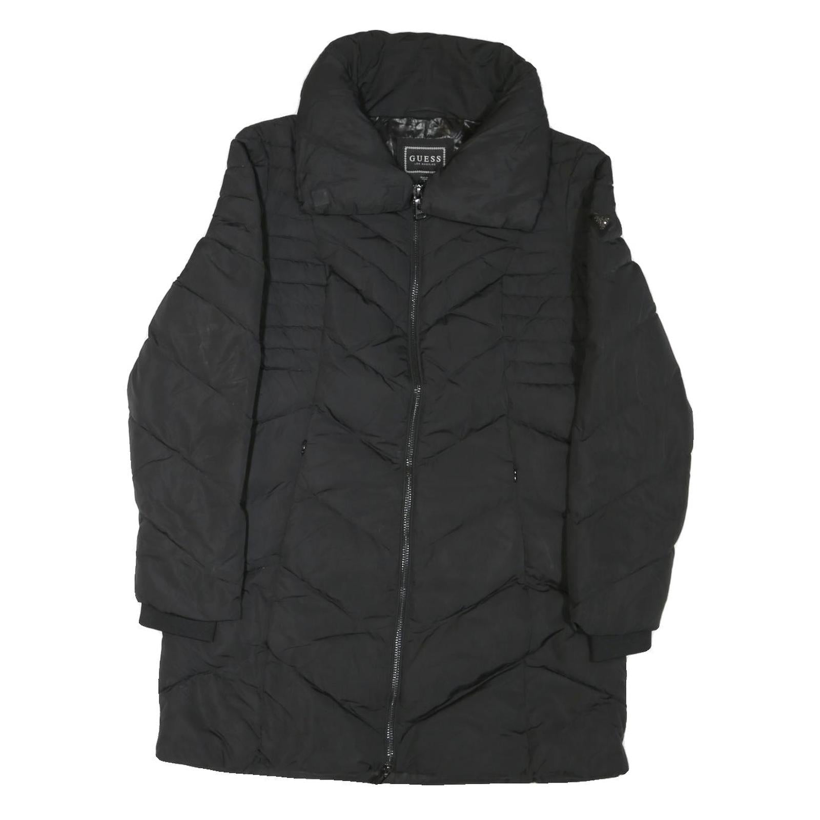 GUESS Womens Black Quilted Jacket L Polyester Blend Zip Warm Winter