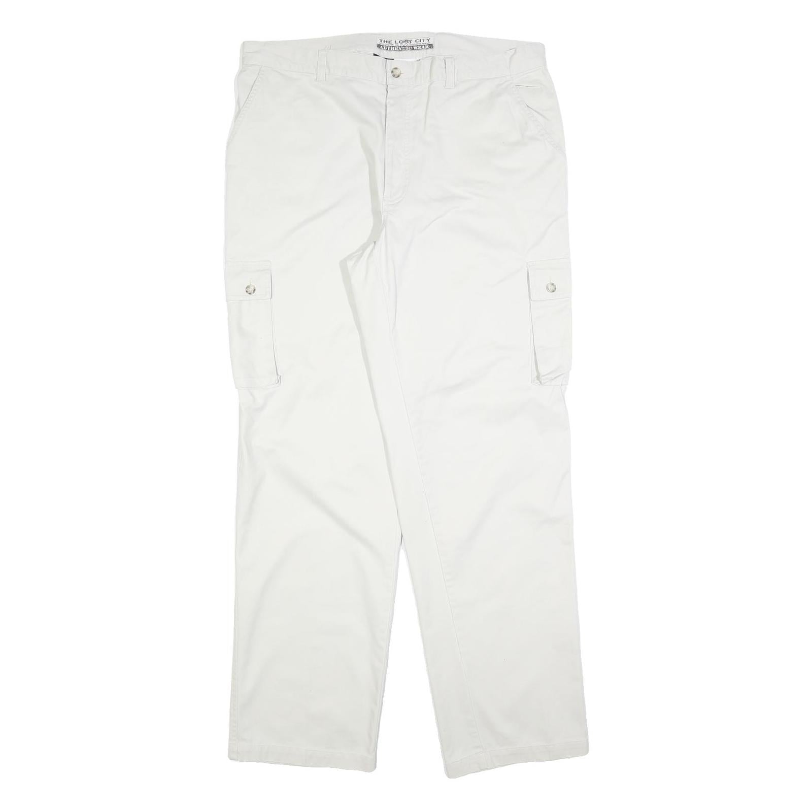 THE LOST CITY Mens Cotton Blend White Regular Fit Cargo Trousers W38 L34 Zip