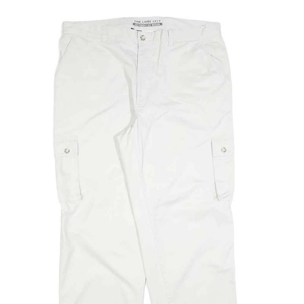 THE LOST CITY Mens Cotton Blend White Regular Fit Cargo Trousers W38 L34 Zip