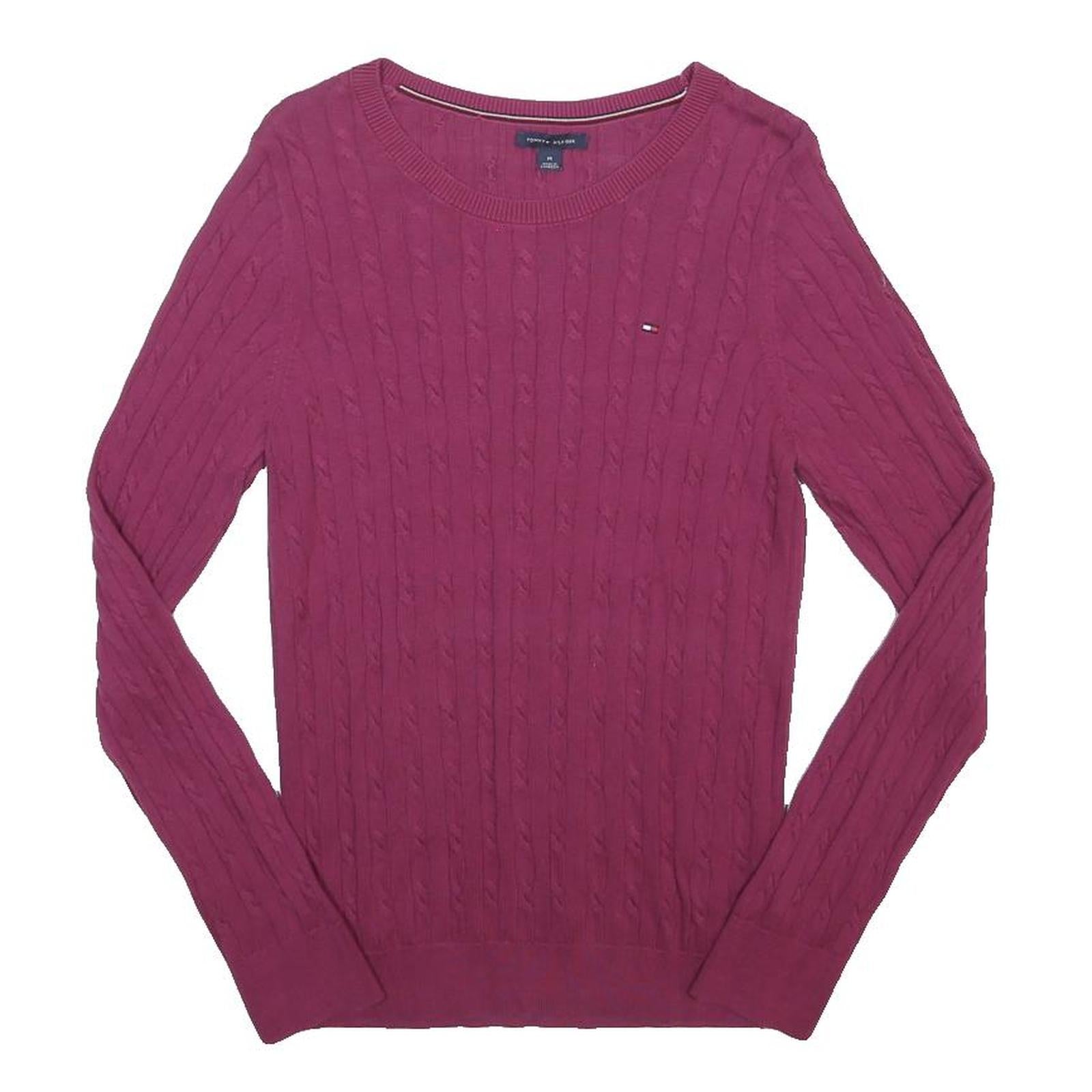 TOMMY HILFIGER Womens Red Patterned Cotton Blend Jumper Crew Neck Cable Knit M