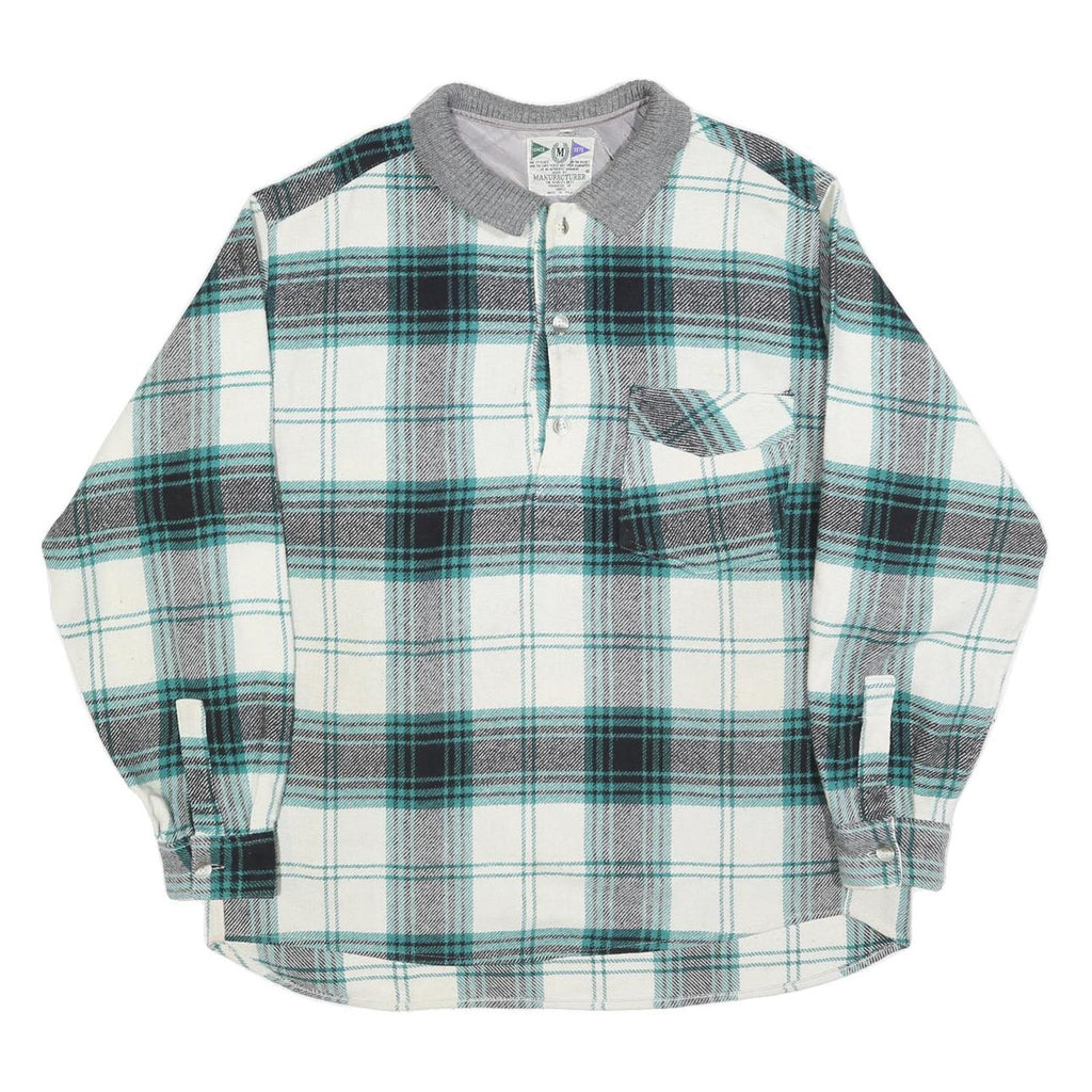 MANUFACTURER Mens White & Teal Check Long Sleeve XL Polo Shirt Classic Fit