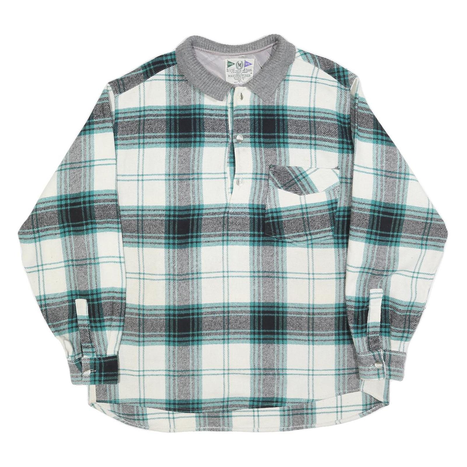 MANUFACTURER Mens White & Teal Check Long Sleeve XL Polo Shirt Classic Fit